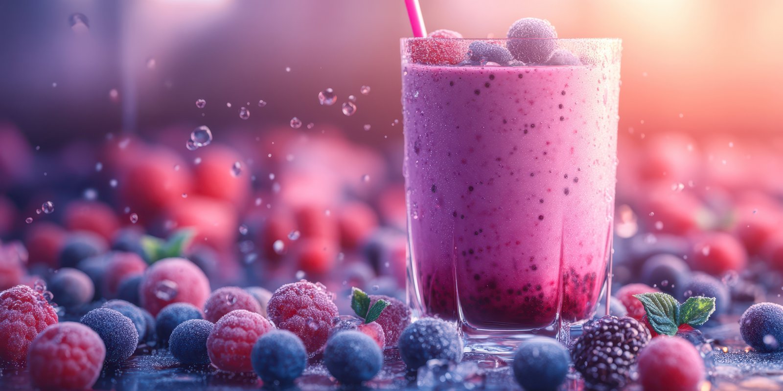 Mixed berry smoothie served in clear glass with vibrant colors and fresh fruits on table in bright ambient light